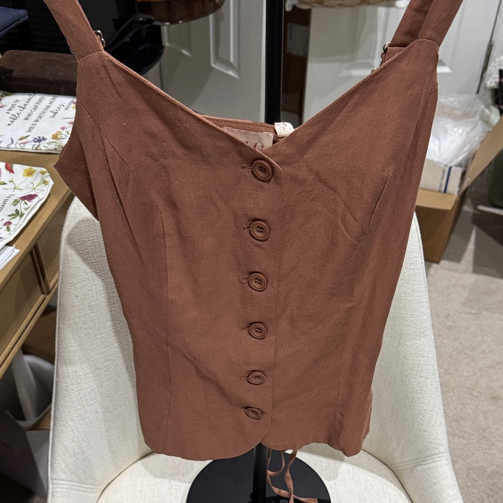 LG Tan Button-Up Women's Blouse